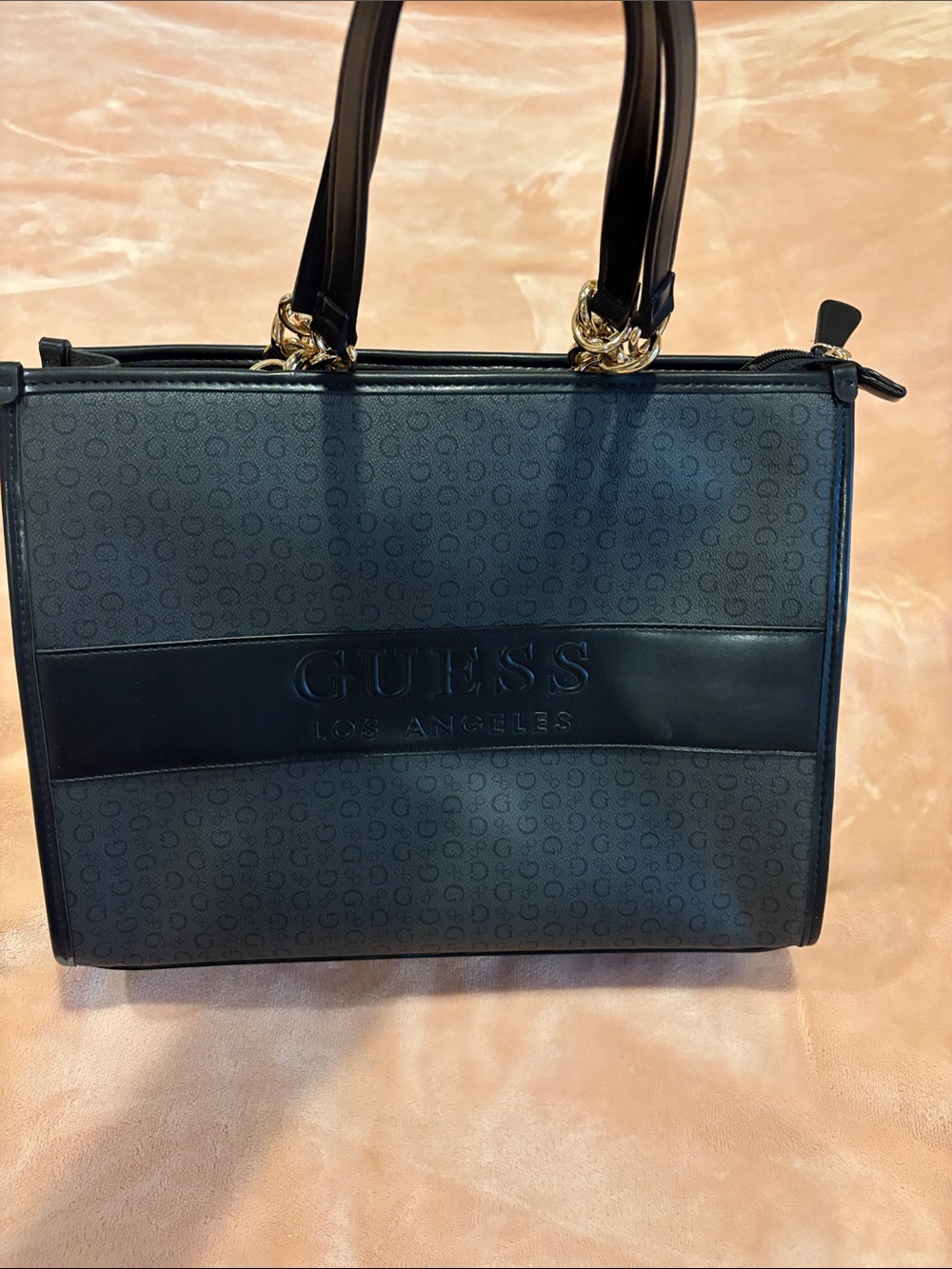Guess Black Logo Pattern Tote with Gold Accents